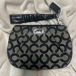 COACH Signature Black & Gray Wristlet- Fabric w/Silver Hardware & Leather Strap